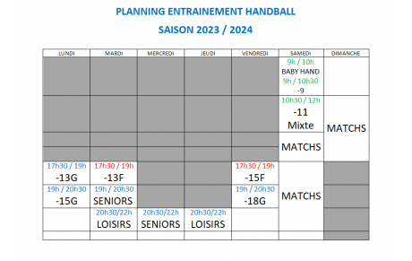 Les horaires des créneaux d'entrainements 2023/24